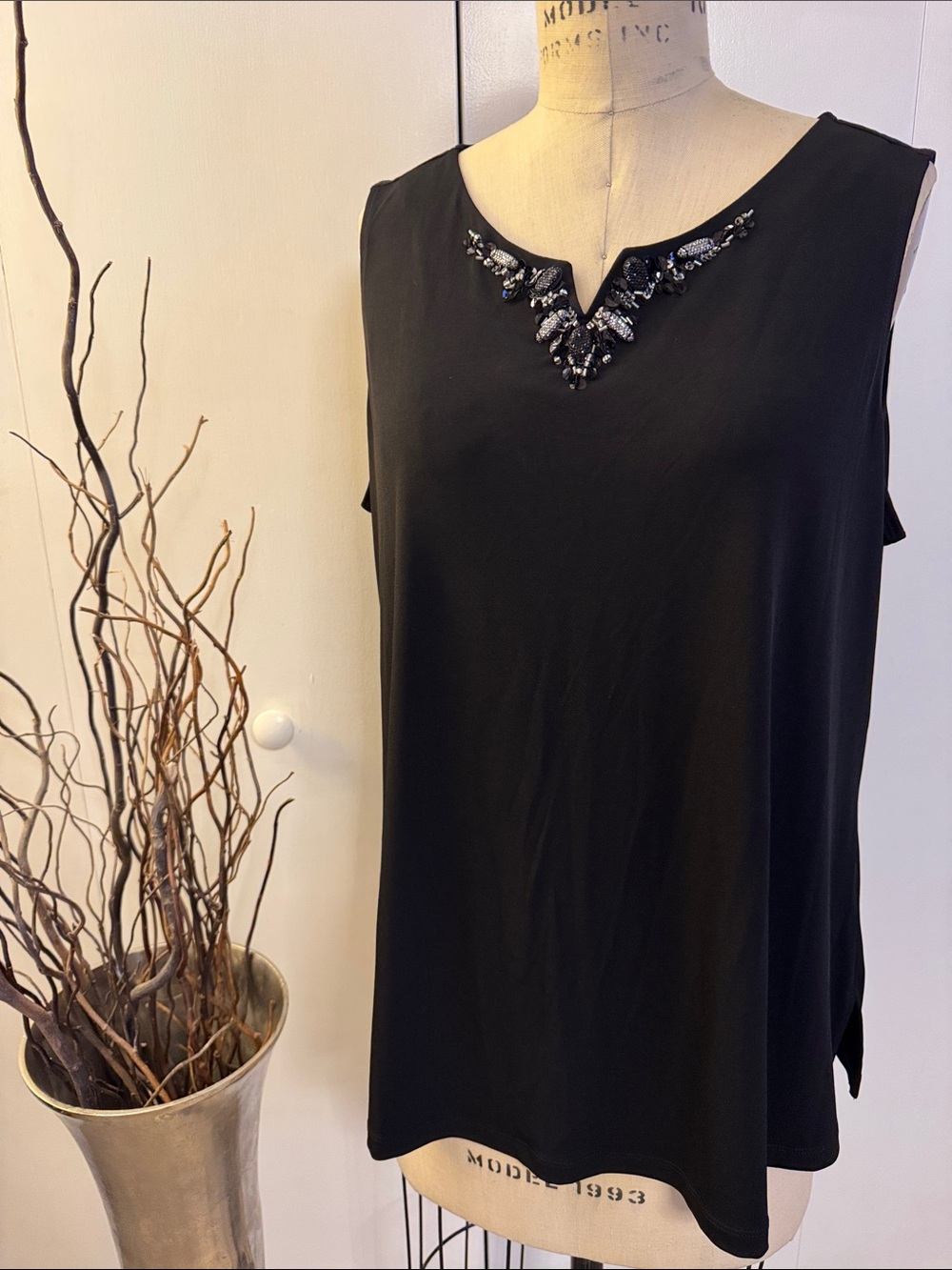 Susan Graver Black Sleeveless Embellished V-Notch Camisole
